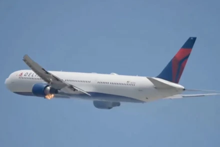 Ngọn lửa bốc ra từ mặt dưới động cơ bên trái của chiếc Boeing 767. (Nguồn: X/LA Flights)