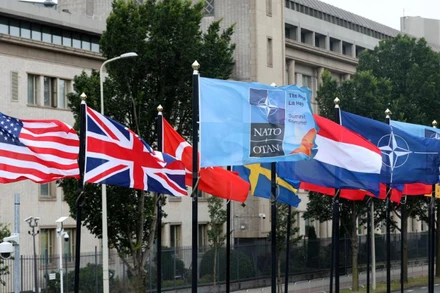 Lá cờ của NATO và các nước thành viên tại địa điểm tổ chức Hội nghị thượng đỉnh NATO ở The Hague, Hà Lan. (Ảnh: THX)