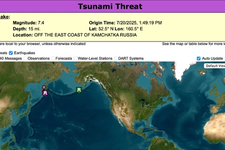Động đất mạnh kích hoạt cảnh báo sóng thần ngoài khơi bờ biển phía đông của Nga. (Ảnh: USGS)