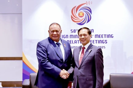 Phó Thủ tướng, Bộ trưởng Ngoại giao Bùi Thanh Sơn gặp Bộ trưởng Ngoại giao và Hợp tác Timor Leste Bendito dos Santos Freitas. (Ảnh: BNG)