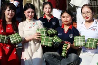 Thành quả của các lưu học sinh Lào sau khi được hướng dẫn gói bánh chưng.