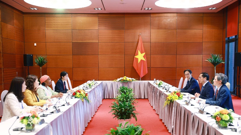 Phó Thủ tướng, Bộ trưởng Ngoại giao Bùi Thanh Sơn đã tiếp Phó Tổng Giám đốc Tổ chức Phát triển công nghiệp Liên hợp quốc (UNIDO) Fatou Haidara. (Ảnh: TTXVN)