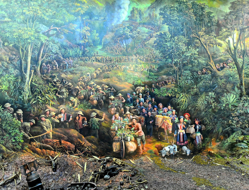 Trích đoạn Toàn dân ra trận trong bức tranh panorama tái hiện Chiến thắng lịch sử Điện Biên Phủ. Ảnh: Đăng Khoa