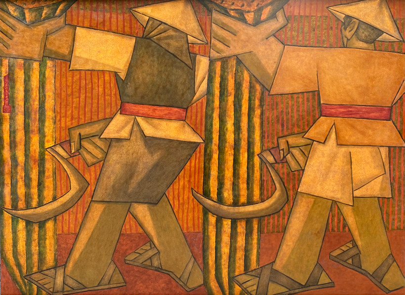 Phùng Phẩm, Hai người thợ gặt, sơn mài, 120x160cm, 2005.