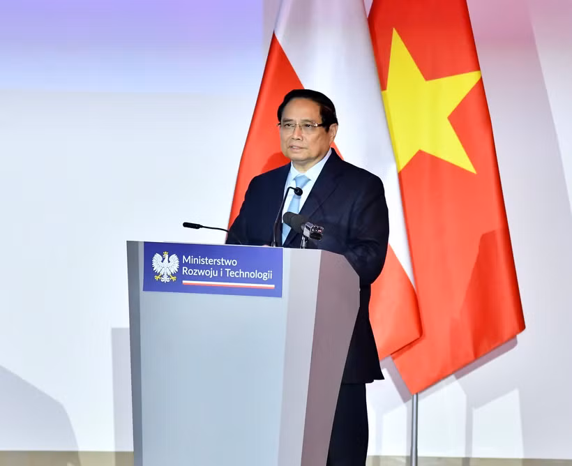 Thủ tướng Phạm Minh Chính phát biểu ý kiến tại Diễn đàn Doanh nghiệp Việt Nam - Ba Lan (Ảnh: THANH GIANG).