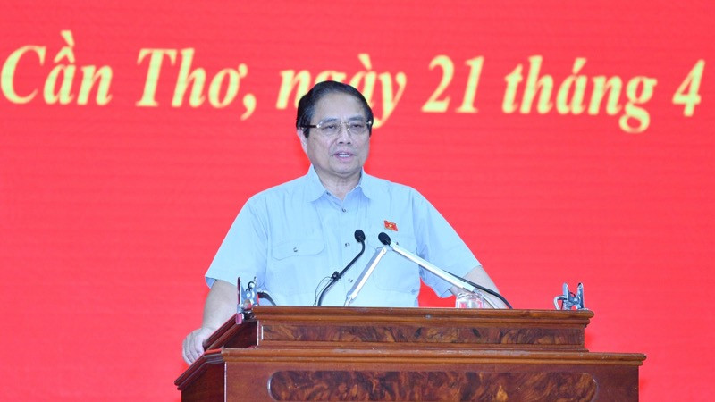 Thủ tướng Phạm Minh Chính phát biểu ý kiến tại cuộc họp về tình hình triển khai các dự án giao thông trọng điểm khu vực phía nam. (Ảnh: THANH GIANG)