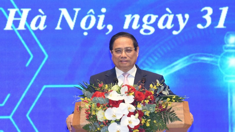 Thủ tướng Chính phủ Phạm Minh Chính phát biểu ý kiến tại Lễ khai trương Cổng Pháp luật quốc gia. (Ảnh: TRẦN HẢI)