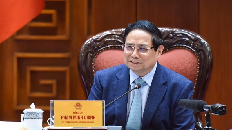 Bí thư Đảng ủy Chính phủ, Thủ tướng Chính phủ Phạm Minh Chính phát biểu ý kiến tại cuộc họp. (Ảnh: TRẦN HẢI)