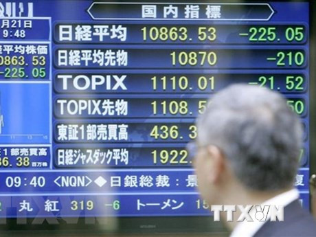 Màn hình hiển thị các chỉ số chứng khoán tại Tokyo, Nhật Bản. (Ảnh: Kyodo/TTXVN)