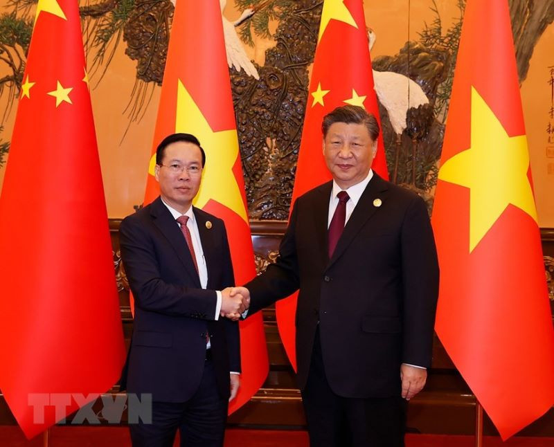 Chủ tịch nước Võ Văn Thưởng hội kiến Tổng Bí thư, Chủ tịch Trung Quốc Tập Cận Bình. (Ảnh: Thống Nhất/TTXVN)