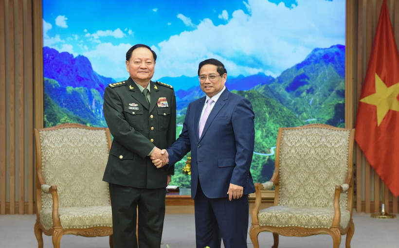 Thủ tướng Phạm Minh Chính và Thượng tướng Trương Hựu Hiệp, Ủy viên Bộ Chính trị, Phó Chủ tịch Quân ủy Trung ương Trung Quốc. (Ảnh: Trần Hải)