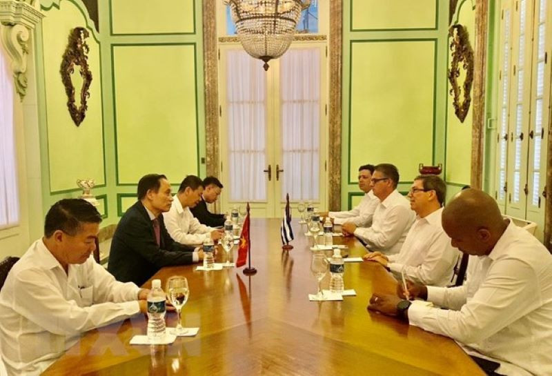Đoàn đại biểu Ban Đối ngoại Trung ương hội kiến Ủy viên Bộ Chính trị, Bộ trưởng Ngoại giao Cuba Bruno Rodríguez Parrilla. (Ảnh: Mai Phương/TTXVN)