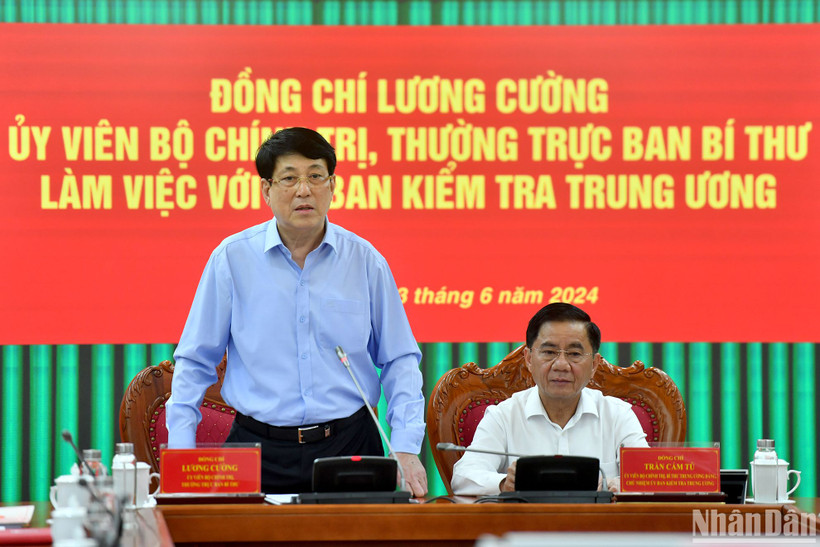 Đồng chí Lương Cường, Ủy viên Bộ Chính trị, Thường trực Ban Bí thư phát biểu tại buổi làm việc với Ủy ban Kiểm tra Trung ương.