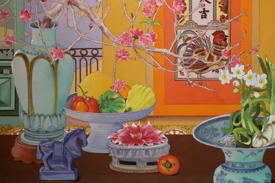 Trích từ tác phẩm màu nước trên lụa "Xuân đại cát" của họa sĩ Vũ Thùy Mai.