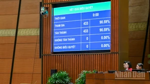 Quốc hội thông qua Nghị quyết Kỳ họp thứ 9, Quốc hội khóa XV với 100% đại biểu Quốc hội có mặt biểu quyết tán thành. (Ảnh: DUY LINH)
