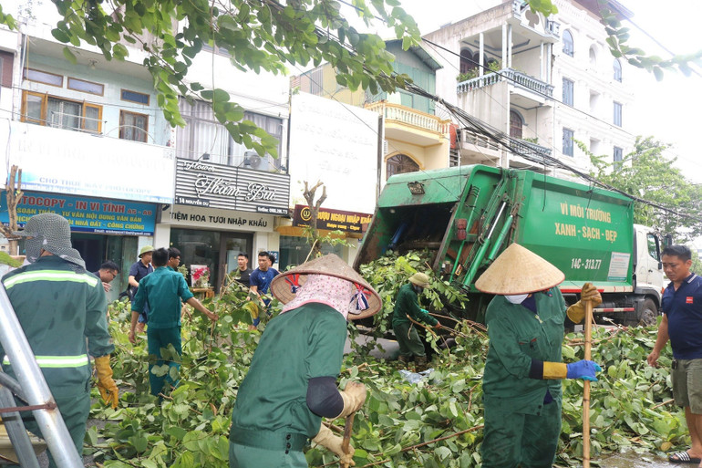 Các lực lượng chức năng thành phố Móng Cái (Quảng Ninh) khẩn trương khắc phục hậu quả bão số 3. Ảnh: QUANG THỌ Các lực lượng chức năng thành phố Móng Cái (Quảng Ninh) khẩn trương khắc phục hậu quả bão số 3. Ảnh: QUANG THỌ