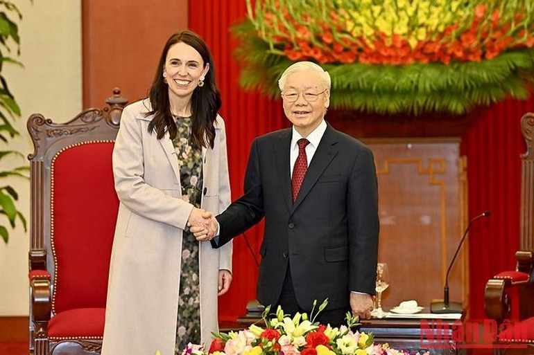 Tổng Bí thư Nguyễn Phú Trọng và Thủ tướng New Zealand Jacinda Ardern tại buổi tiếp.