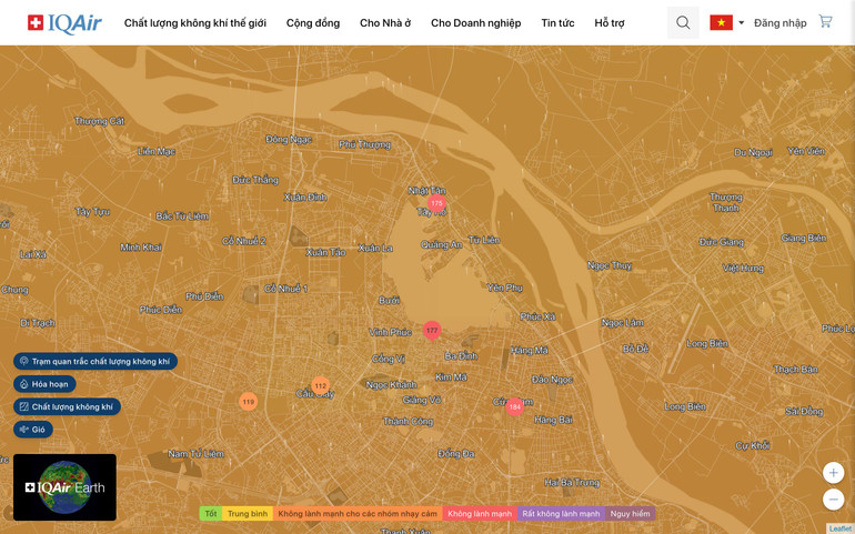 Trong nhiều ngày, chỉ số ô nhiễm không khí tại Hà Nội luôn đạt mức rất cao. (Ảnh chụp màn hình bản đồ ô nhiễm của AirVisual)