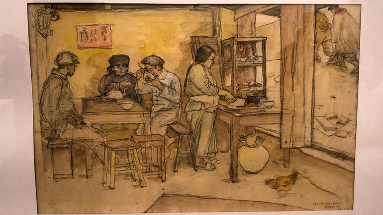 Ký họa màu nước "Quán bên đường" của họa sĩ Tô Ngọc Vân.