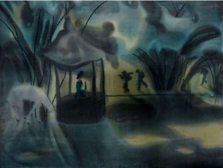 Tác phẩm "Trăng qua vọng gác", họa sĩ Mai Long.