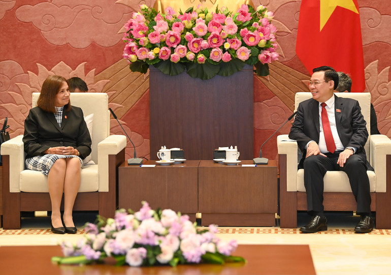 Chủ tịch Quốc hội Vương Đình Huệ và Phó Chủ tịch Quốc hội Cuba Ana María Mari Machado tại buổi tiếp.