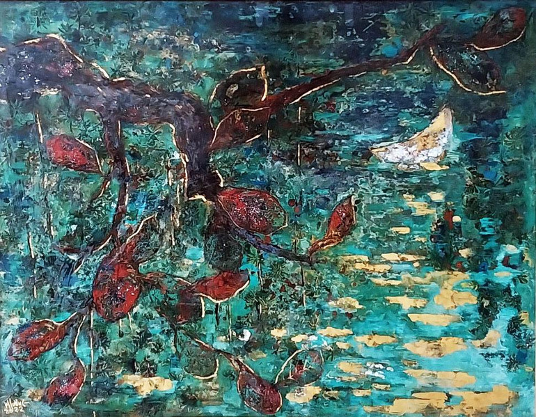 Trăng rơi tảng sáng – Tác giả Phạm Hồng Phương, chất liệu sơn mài.