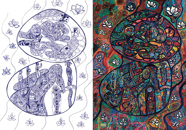 Bức "Ban trắng mẹ trồng" từ bút bi sang sơn mài. Bức "Ban trắng mẹ trồng" từ bút bi sang sơn mài.