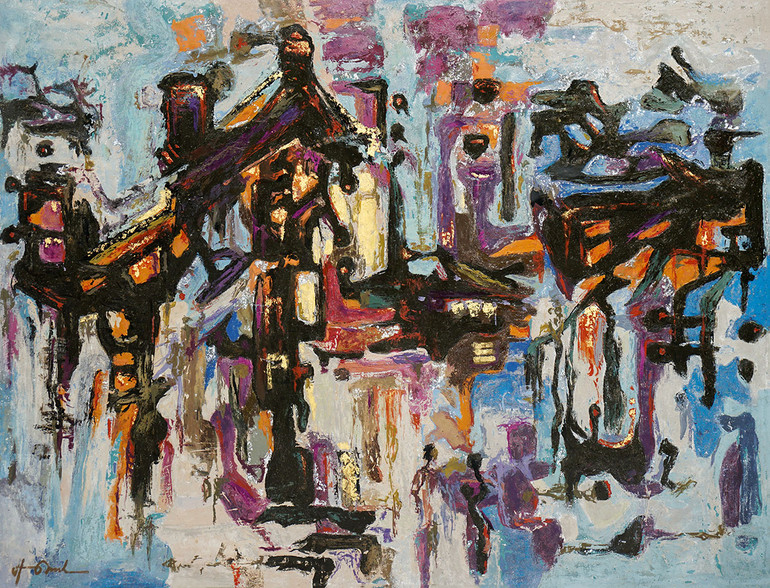 Mái ngói phiêu diêu. Tranh của họa sĩ Hoàng Định.