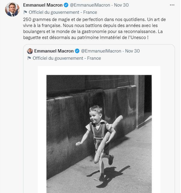 Tổng thống Pháp Emmanuel Macron đăng tải thông điệp trên Twitter sau khi bánh mì baguette được UNESCO công nhận là di sản văn hóa phi vật thể.