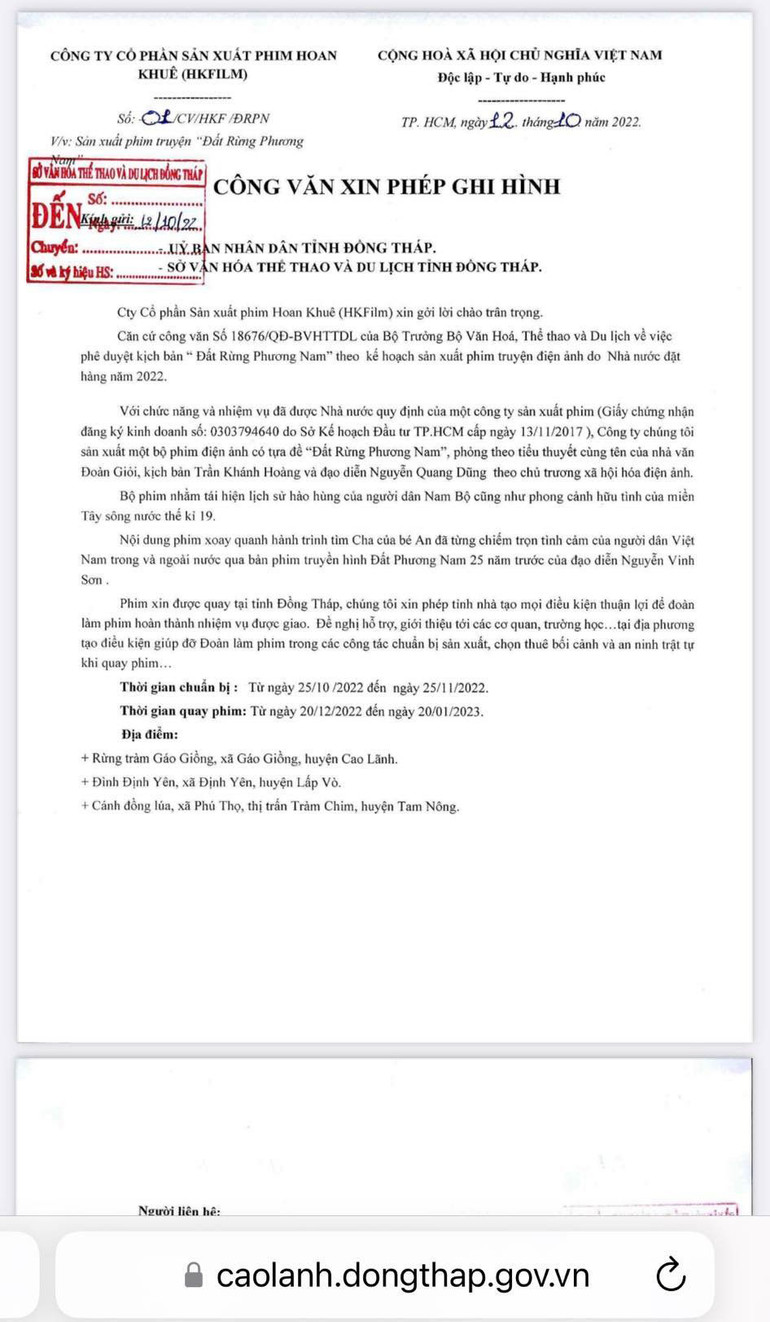 Văn bản xin phép ghi hình của Công ty Hoan Khuê.
