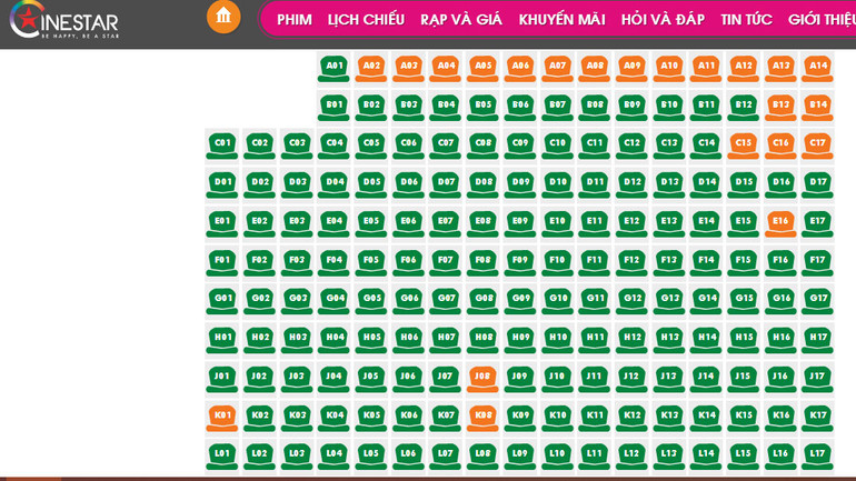 Sơ đồ ghế ngồi của suất chiếu 10 giờ sáng 23/2 tại rạp Cinestar Quốc Thanh đã gần như kín chỗ (ghế đã được mua có màu xanh lá).