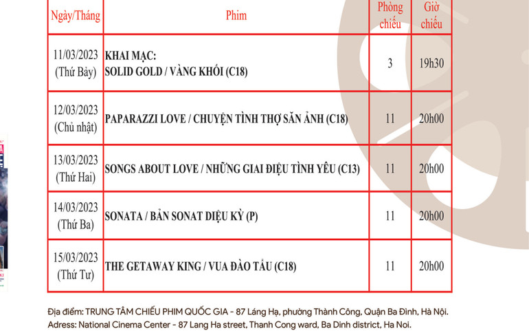 Lịch chiếu phim tại Hà Nội.
