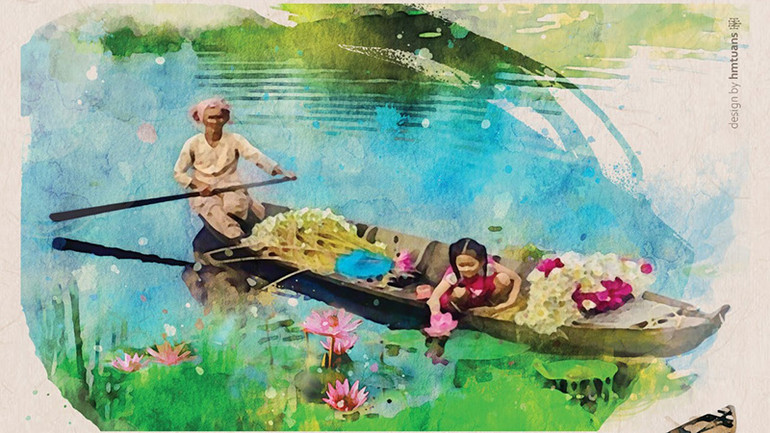 Một tấm poscard được in kèm tập tản văn.