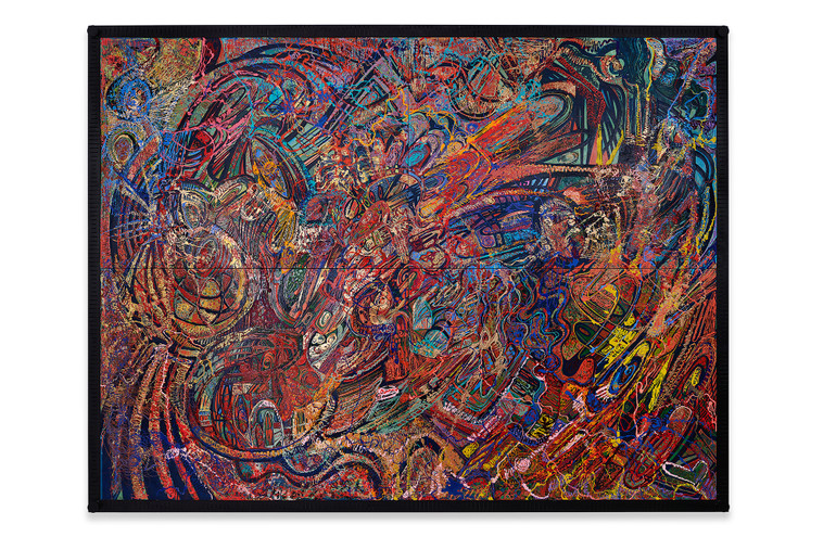 Tranh sơn mài “Loa của ai to hơn” (America now) có kích thước 3m6x4m8, nặng gần 250kg, mất gần nửa năm để thực hiện. Tranh sơn mài “Loa của ai to hơn” (America now) có kích thước 3m6x4m8, nặng gần 250kg, mất gần nửa năm để thực hiện.