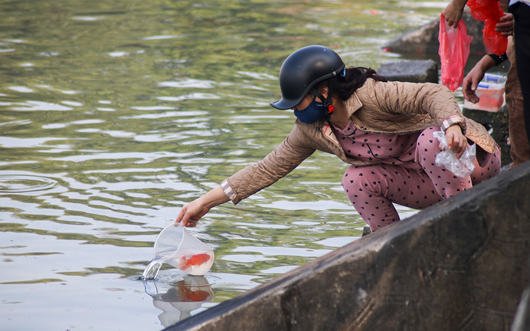 Cùng với việc sử dụng các loại sản phẩm có hình cá chép, nhiều người dùng bình, hộp, chậu đem cá đi thả chứ không sử dụng túi nilon. (Ảnh: NHẬT QUANG)