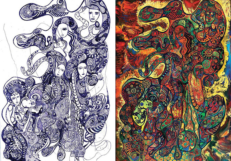 Bản vẽ bút bi và bản sơn mài có thể coi như hai tác phẩm độc lập với nhau, thuần nhất về nội dung. Bản vẽ bút bi và bản sơn mài có thể coi như hai tác phẩm độc lập với nhau, thuần nhất về nội dung.