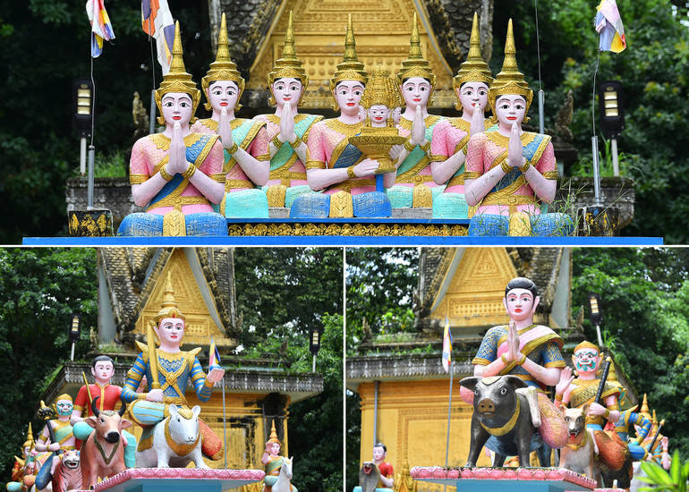 Đối diện với chánh điện chùa Hang là quần thể tượng 12 con giáp, được bố trí hình vòng cung đắp nổi cặp rồng uốn lượn như chiếc thuyền. Đầu rồng ngẩng trên hai trụ đắp phù điêu thần Yak (chằn tinh được Phật cải hóa) và Voi. Nhìn từ bên trái sang là các tượng bao gồm các thần tiên và chằn cưỡi chuột, cưỡi bò, cọp, thỏ và rồng, tương ứng với Tý, Sửu, Dần, Mão, Thìn của người Việt.