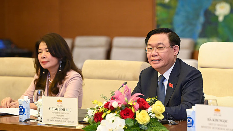 Chủ tịch Quốc hội Vương Đình Huệ phát biểu tại buổi tiếp.