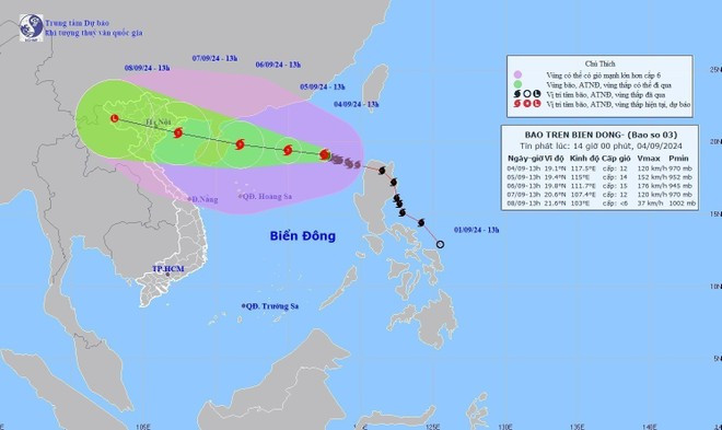 Bản đồ đường đi của bão số 3 lúc 13h ngày 4/9.