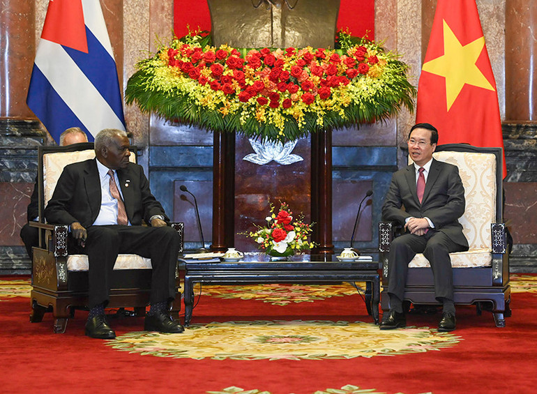 Chủ tịch nước Võ Văn Thưởng và Chủ tịch Quốc hội Cuba Esteban Lazo Hernandez tại buổi tiếp.