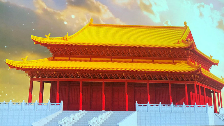 Hình ảnh điện Kính Thiên phục dựng bằng công nghệ 3D. (Ảnh chụp từ clip của Viện Nghiên cứu kinh thành)