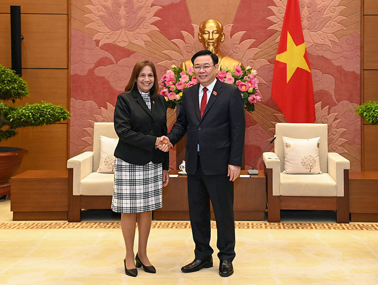 Chủ tịch Quốc hội Vương Đình Huệ và Phó Chủ tịch Quốc hội Cuba Ana María Mari Machado tại buổi tiếp.