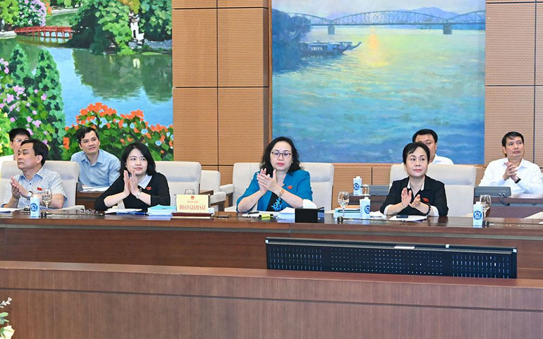 Thành viên đoàn giám sát và các đại biểu dự buổi làm việc.