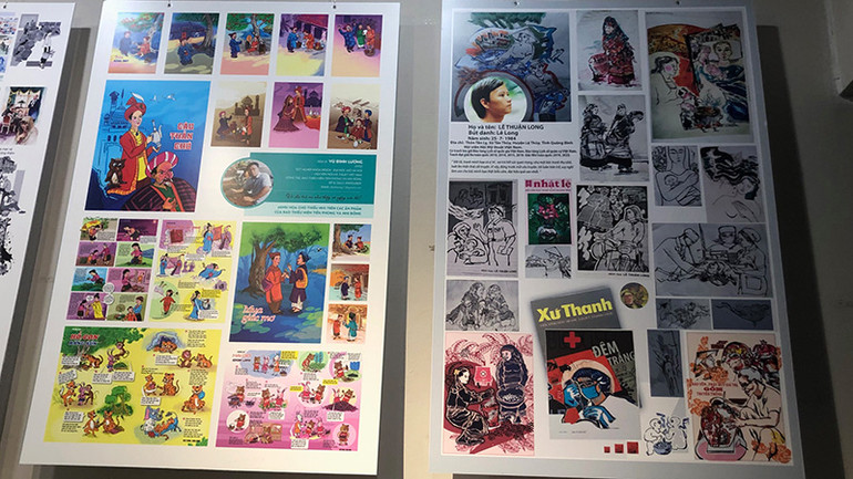 Một số tác phẩm minh họa báo chí trưng bày tại triển lãm.