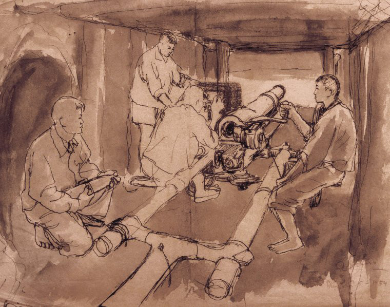 Những người lính pháo binh đang điều khiển khẩu pháo 105 li trong hầm pháo, năm 1954.