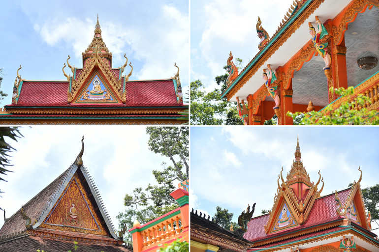 Chính điện chùa được thiết kế với mái uốn cong mô hình đuôi rồng. Đỉnh nhà nhọn và cao với hình tượng thần bốn mặt Mohabrom, chim thần Kâyno,… đặc trưng của văn hóa Khmer tạo nên dấu ấn đặc biệt cho ngôi chùa. Không chỉ khoác lên mình vẻ đẹp cổ kính, những ngôi chùa ở tỉnh Trà Vinh còn là nơi lưu giữ kho tàng văn hóa độc đáo của người Khmer.