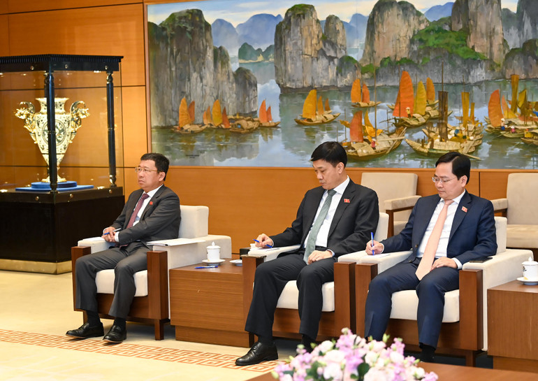 Chủ nhiệm Ủy ban Đối ngoại Vũ Hải Hà, Chủ nhiệm Ủy ban Kinh tế Vũ Hồng Thanh, Bí thư Tỉnh ủy Bắc Ninh Nguyễn Anh Tuấn - Chủ tịch Nhóm đại biểu Quốc hội trẻ khóa XV và các đại biểu dự buổi tiếp.