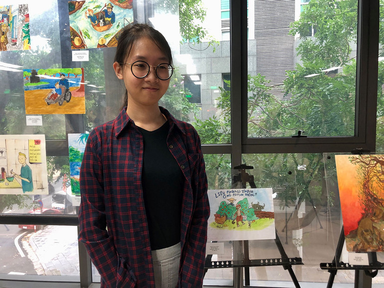 Bùi Thảo Nguyên, tác giả nhí đoạt giải với tranh vẽ nhân vật Pettson & Findus. Bùi Thảo Nguyên, tác giả nhí đoạt giải với tranh vẽ nhân vật Pettson & Findus.