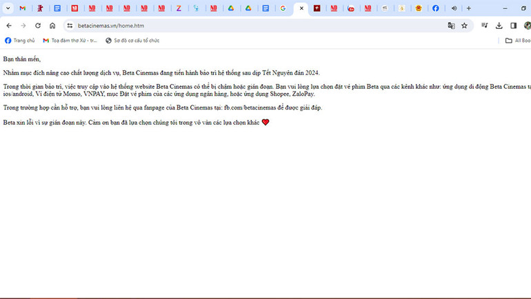Trang web của Beta Cinema quá tải, không hoạt động được.
