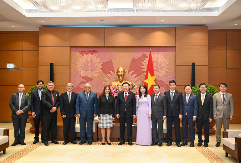 Chủ tịch Quốc hội Vương Đình Huệ và Phó Chủ tịch Quốc hội Cuba Ana María Mari Machado chụp ảnh lưu niệm với đại biểu hai nước dự buổi tiếp.